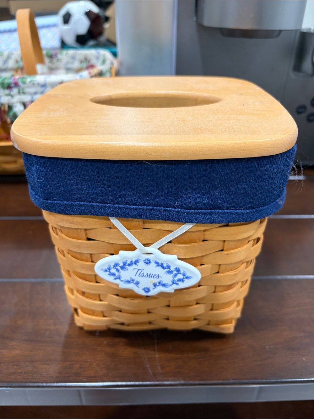 Longaberger Woven Tissue Box Cover with Navy Liner and Wood Top